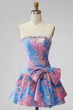 Jacquard Blue Strapless Ruffled A-Line Rhinestone Short Homecoming Dress with Bow