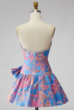 Jacquard Blue Strapless Ruffled A-Line Rhinestone Short Homecoming Dress with Bow