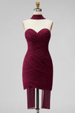 Burgundy Ruched Strapless Bodycon Chiffon Short Homecoming Dress with Draped Neck Sash