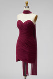 Burgundy Ruched Strapless Bodycon Chiffon Short Homecoming Dress with Draped Neck Sash