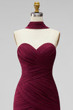 Burgundy Ruched Strapless Bodycon Chiffon Short Homecoming Dress with Draped Neck Sash