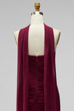 Burgundy Ruched Strapless Bodycon Chiffon Short Homecoming Dress with Draped Neck Sash