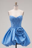 A-Line Dark Blue Strapless Beaded Corset Homecoming Dress with 3D Flower