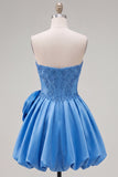 A-Line Dark Blue Strapless Beaded Corset Homecoming Dress with 3D Flower