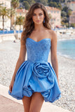A-Line Dark Blue Strapless Beaded Corset Homecoming Dress with 3D Flower