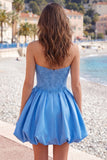 A-Line Dark Blue Strapless Beaded Corset Homecoming Dress with 3D Flower