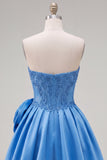 A-Line Dark Blue Strapless Beaded Corset Homecoming Dress with 3D Flower