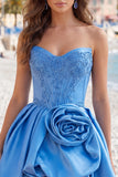 A-Line Dark Blue Strapless Beaded Corset Homecoming Dress with 3D Flower