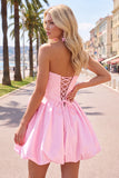 A-Line Dark Blue Strapless Beaded Corset Homecoming Dress with 3D Flower