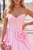 A-Line Dark Blue Strapless Beaded Corset Homecoming Dress with 3D Flower