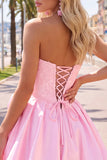 A-Line Dark Blue Strapless Beaded Corset Homecoming Dress with 3D Flower