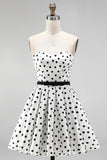 White Polka Dot A-Line Strapless Short Homecoming Dress with Bow Sash