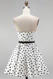 White Polka Dot A-Line Strapless Short Homecoming Dress with Bow Sash