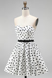White Polka Dot A-Line Strapless Short Homecoming Dress with Bow Sash