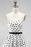 White Polka Dot A-Line Strapless Short Homecoming Dress with Bow Sash