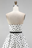 White Polka Dot A-Line Strapless Short Homecoming Dress with Bow Sash