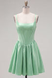 A-Line Fuchsia Square Neck Corset Satin Homecoming Dress