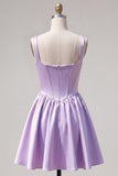 A-Line Fuchsia Square Neck Corset Satin Homecoming Dress