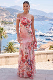 One Shoulder Pink Red Flower Chiffon A-Line Ruched Maxi Dress