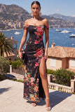 Black Red Flower Off the Shoulder Mermaid Ruched Maxi Dress with Slit