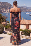 Black Red Flower Off the Shoulder Mermaid Ruched Maxi Dress with Slit