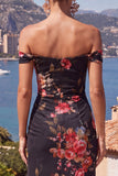 Black Red Flower Off the Shoulder Mermaid Ruched Maxi Dress with Slit