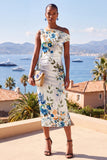 White Blue Flower One Shoulder Bodycon Ruched Midi Dress