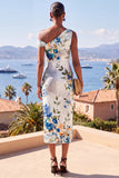 White Blue Flower One Shoulder Bodycon Ruched Midi Dress
