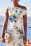 White Blue Flower One Shoulder Bodycon Ruched Midi Dress