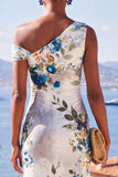 White Blue Flower One Shoulder Bodycon Ruched Midi Dress