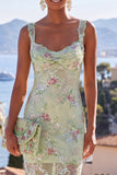 Green Thick Straps Mermaid Sequins Maxi Floral Dress