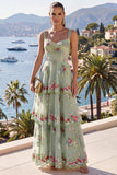 A-Line Yellow Thick Straps Tiered Sequins Maxi Floral Dress