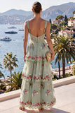 A-Line Yellow Thick Straps Tiered Sequins Maxi Floral Dress