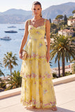 A-Line Yellow Thick Straps Tiered Sequins Maxi Floral Dress