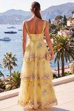 A-Line Yellow Thick Straps Tiered Sequins Maxi Floral Dress