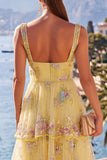 A-Line Yellow Thick Straps Tiered Sequins Maxi Floral Dress