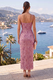 Dusty Rose Spaghetti Straps Beaded Ruched Midi Dress with Slit