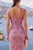Dusty Rose Spaghetti Straps Beaded Ruched Midi Dress with Slit