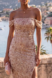 Off the Shoulder Champagne Beaded Maxi Dress with Slit