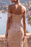 Off the Shoulder Champagne Beaded Maxi Dress with Slit