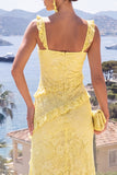 Mermaid Yellow Thick Straps Ruffled Lace Maxi Floral Dress with Slit