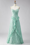 A-Line Mint Spaghetti Straps Ruffled Lace Maxi Floral Dress