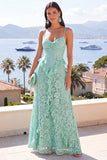 A-Line Mint Spaghetti Straps Ruffled Lace Maxi Floral Dress