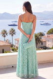 A-Line Mint Spaghetti Straps Ruffled Lace Maxi Floral Dress