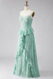 A-Line Mint Spaghetti Straps Ruffled Lace Maxi Floral Dress