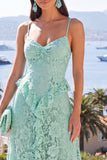 A-Line Mint Spaghetti Straps Ruffled Lace Maxi Floral Dress