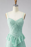 A-Line Mint Spaghetti Straps Ruffled Lace Maxi Floral Dress