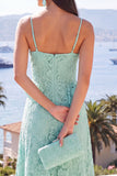 A-Line Mint Spaghetti Straps Ruffled Lace Maxi Floral Dress