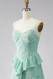 A-Line Mint Spaghetti Straps Ruffled Lace Maxi Floral Dress