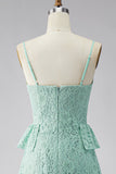 A-Line Mint Spaghetti Straps Ruffled Lace Maxi Floral Dress